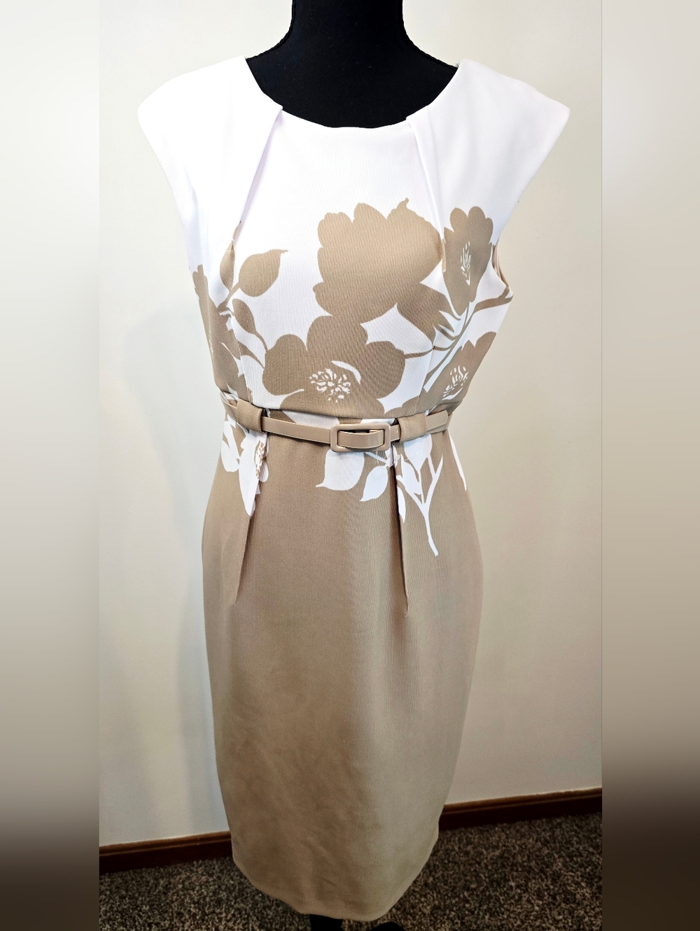 Beige White Floral Belted Sheath Dress Office Work Church Elegant Classic Pretty